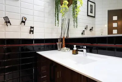 ジャグジー付き浴槽とモノトーンの洗面室