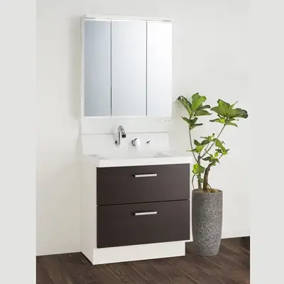 増築して収納たっぷりの新しい洗面化粧台のある洗面室