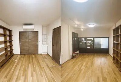 倉庫を居室にリノベーション 壁一面の本棚設置