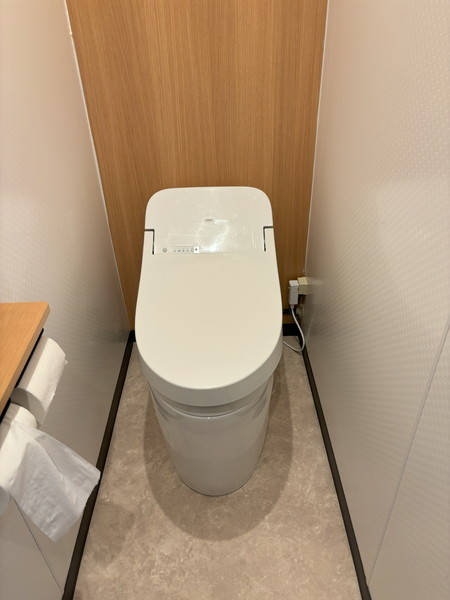 木目調のアクセントが効いた店舗のトイレ空間