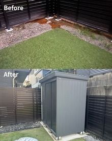 庭の水捌けの改善、物置の設置や土間コン施工