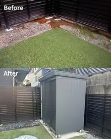 庭の水捌けの改善、物置の設置や土間コン施工