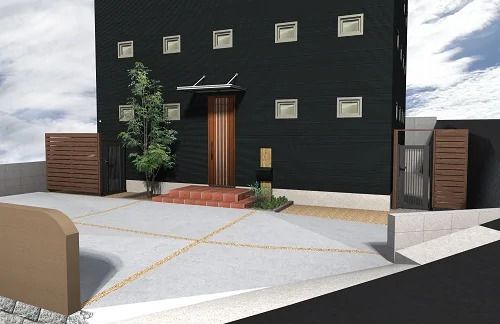 モダンな建物を引き立てるナチュラル新築外構