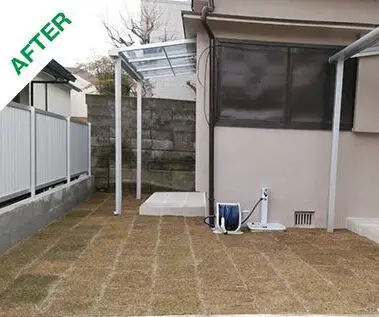 テラス屋根と天然芝で使いやすく整えた庭