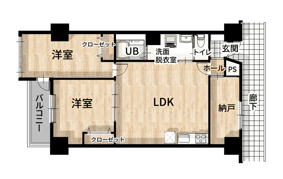 間取変更（LDK拡張、和室→洋室、納戸新設）。広々としたリビング、納戸を作り収納スペースも確保。