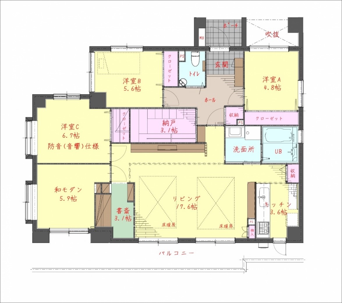 廊下部分をリビングに取入れることで、寝室と洋室Cにリビングから直接入れ、動線も短くなっております。