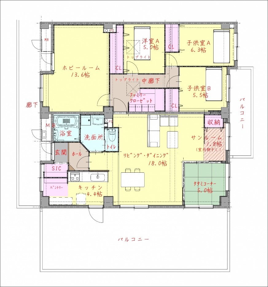 和室をＬＤとの続き間にすることで、2面から光が入る広く明るいＬＤＫが実現致しました。
