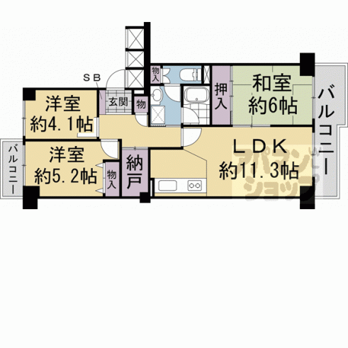 4.1畳と5.2畳の洋室が２つある3LDKの物件です。