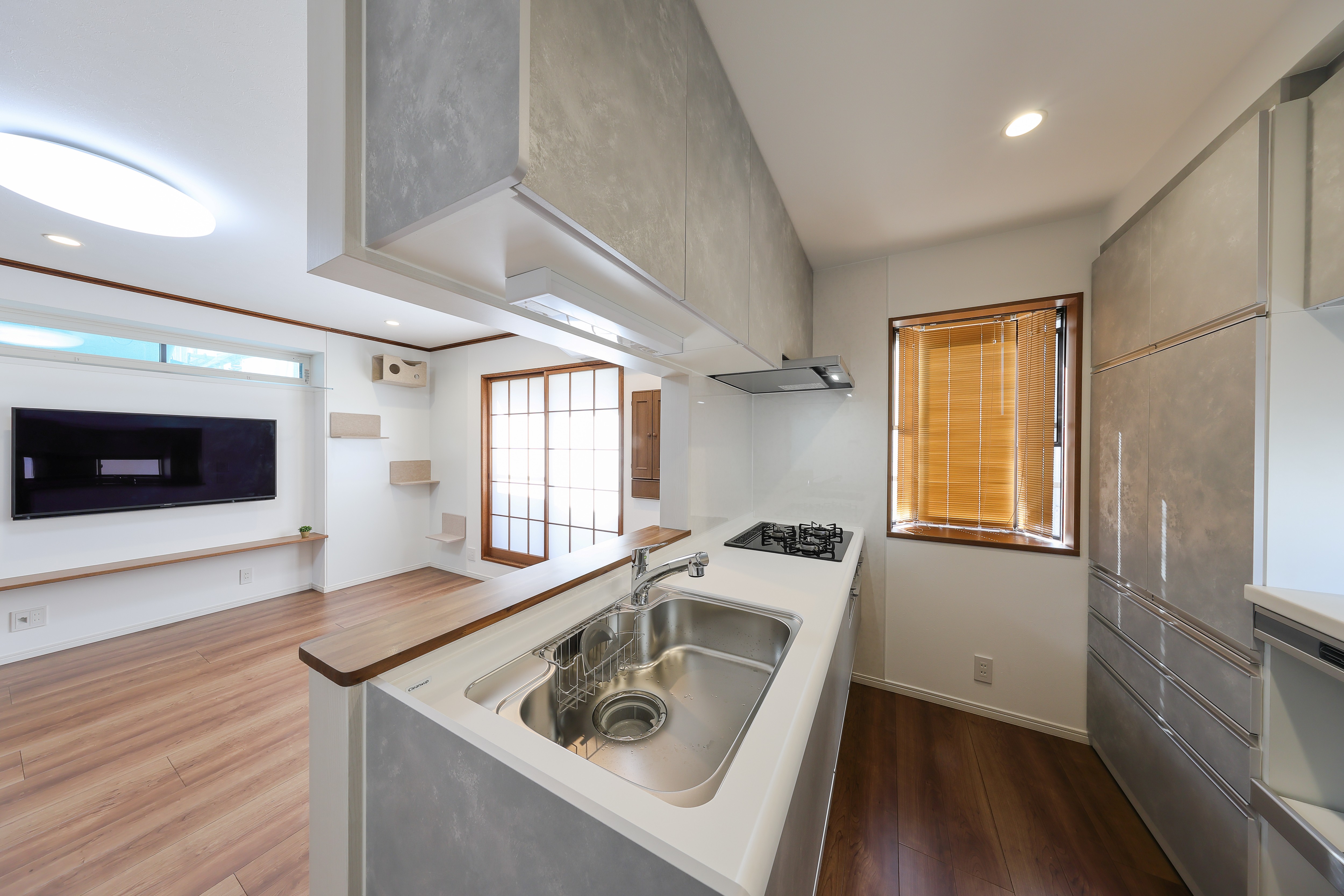 キャットウォークから外を見ている猫の肉球がかわいい住まい