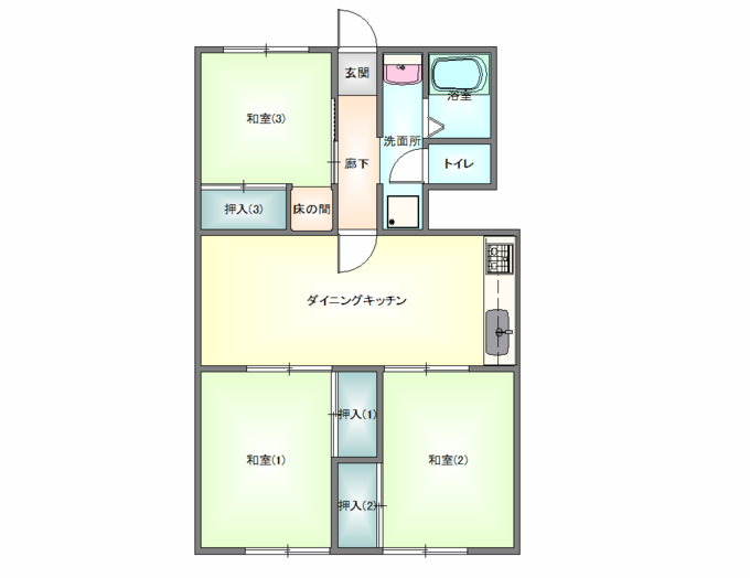 和室3部屋から成る3DKの間取り